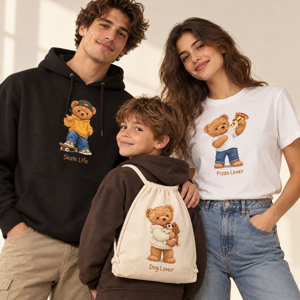 Ragazzo con la felpa Skate Life, ragazza con la t-shirt Pizza Lover e bambino con la gymsack Dog Lover