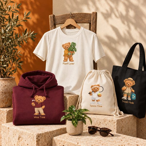 La collezione TEDDYFLASH: t-shirt Plant Lover, felpa Wine Time, gymsack Tennis Time e shopper Travel Mode