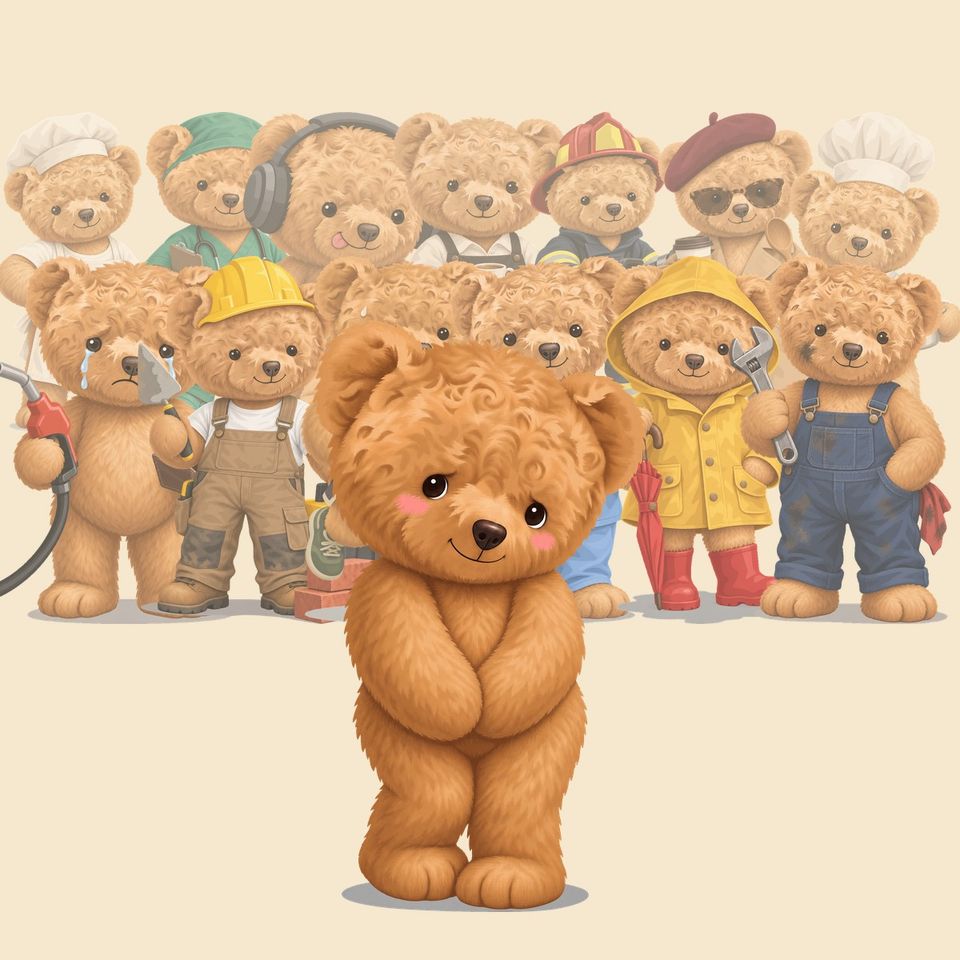 Un orso di peluche senza vestito, timido, davanti agli orsi TEDDYFLASH già vestiti da pizzaiolo, medico, muratore e meccanico