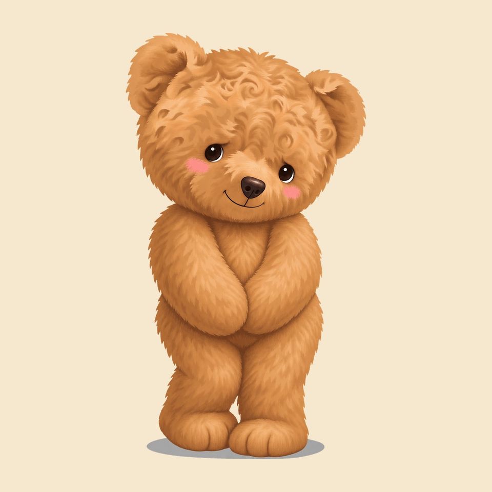 Un orso di peluche senza vestito, timido, con le zampe giunte e le guance rosa